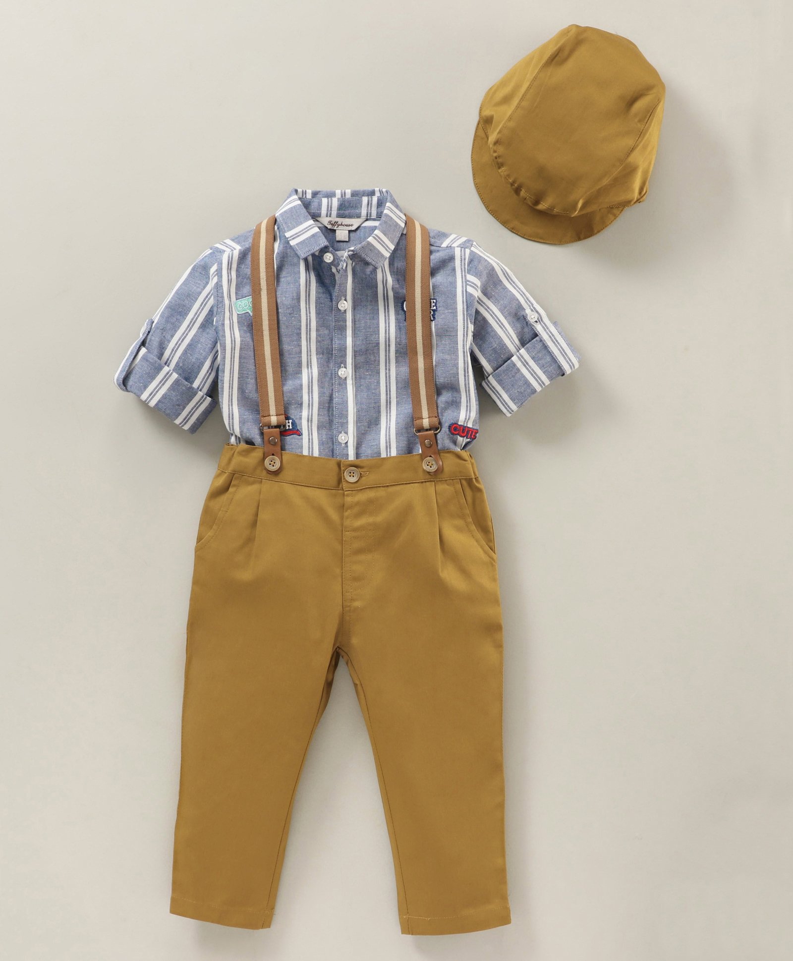 ToffyHouse Full Sleeves Cotton Stripes Shirt & Trousers with Suspender And Hat - Blue - Thumbnail