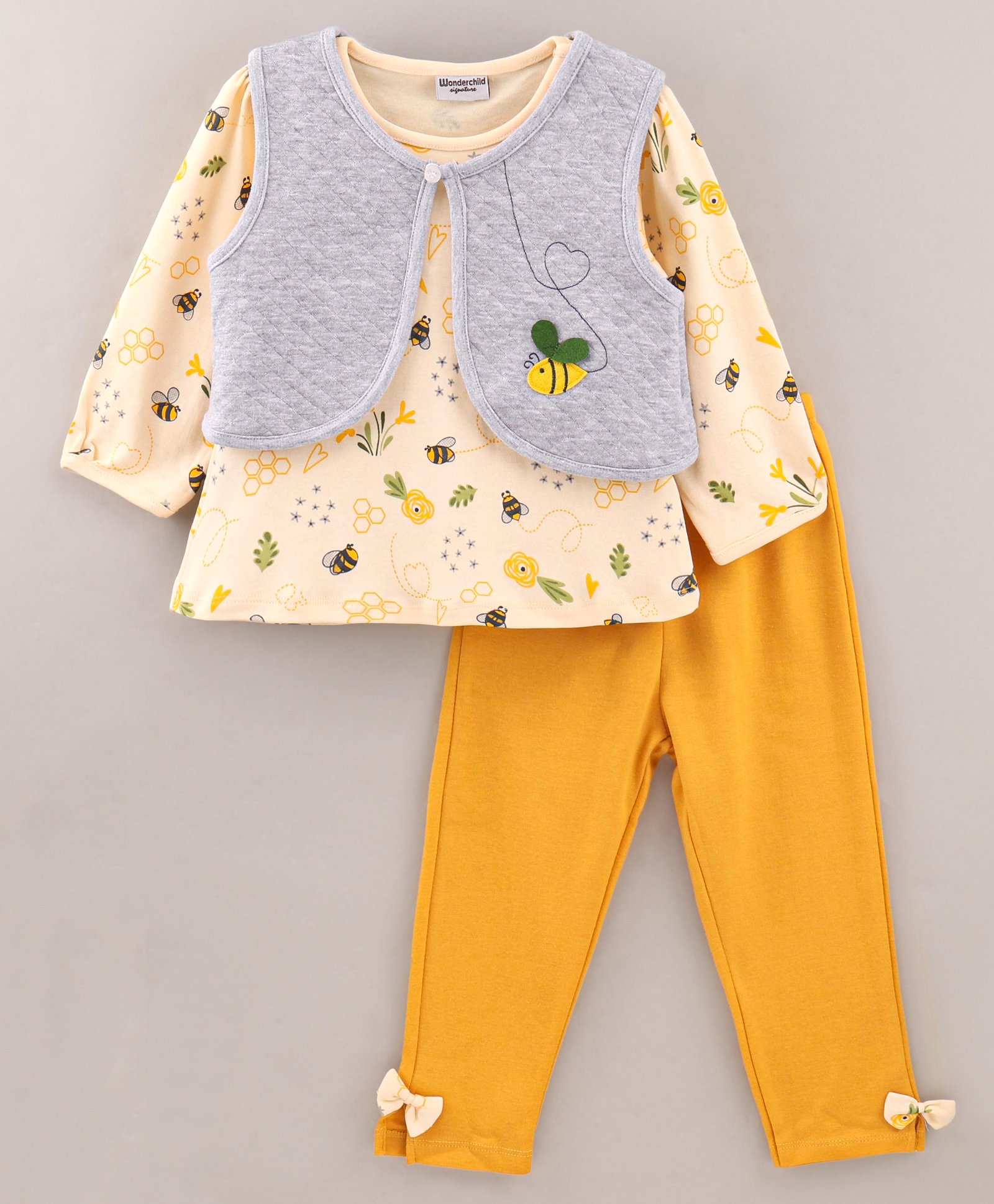 Wonderchild Full Sleeves Bow Applique Printed Top With Attached Jacket And Full Pant - Lemon Yellow - Thumbnail