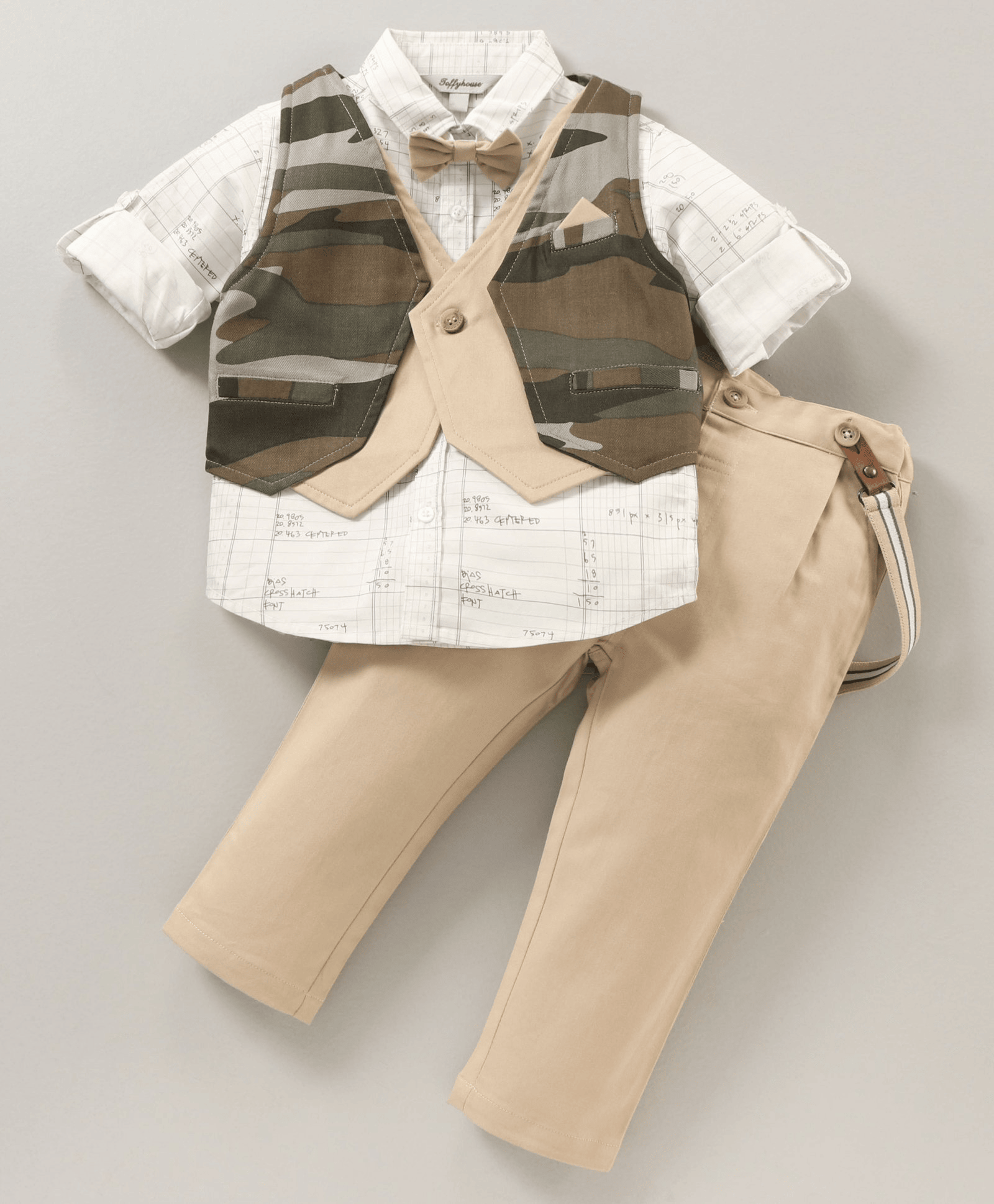 ToffyHouse Full Sleeves Printed Party Shirt And Pant Set With Waistcoat - Brown - Thumbnail