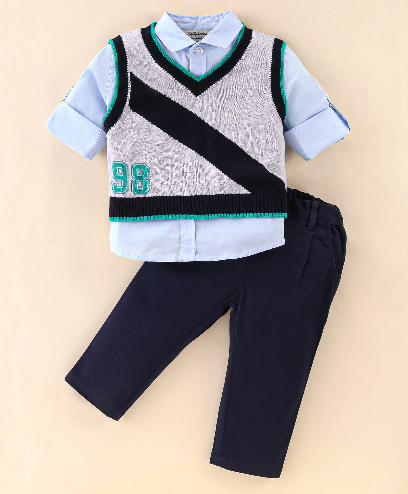 ToffyHouse Full Sleeves Shirt & Pant Set With Flat Knit Sweater Number Print - Blue & Grey - Thumbnail