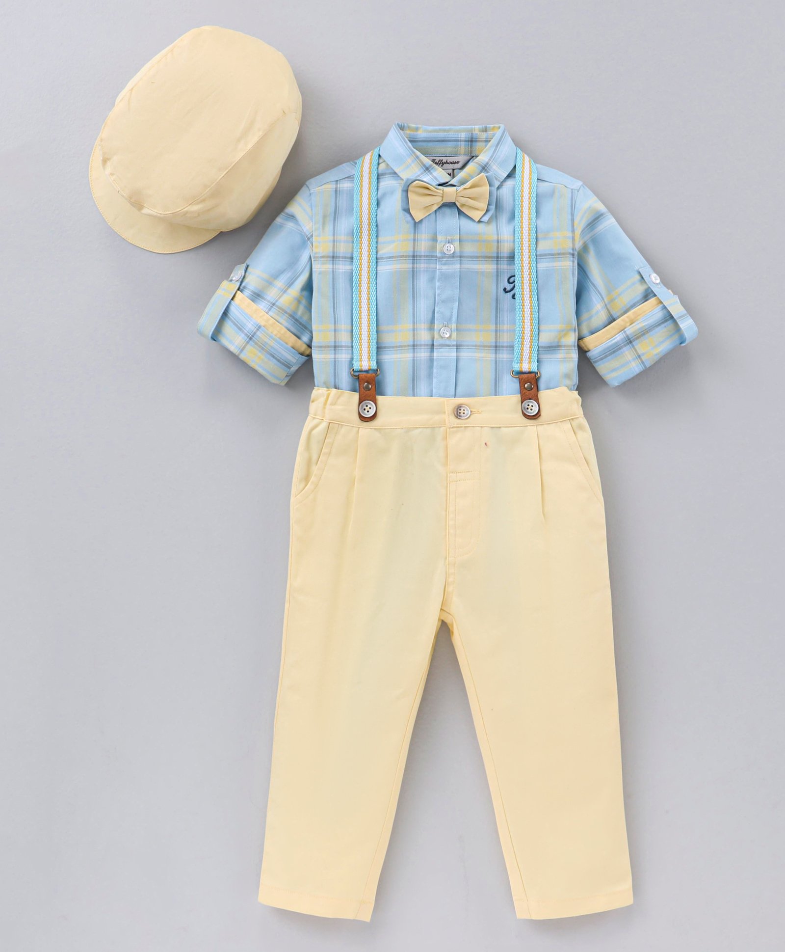 ToffyHouse Full Sleeves Checked Shirt & Trousers with Suspender and Hat - Blue Cream - Thumbnail
