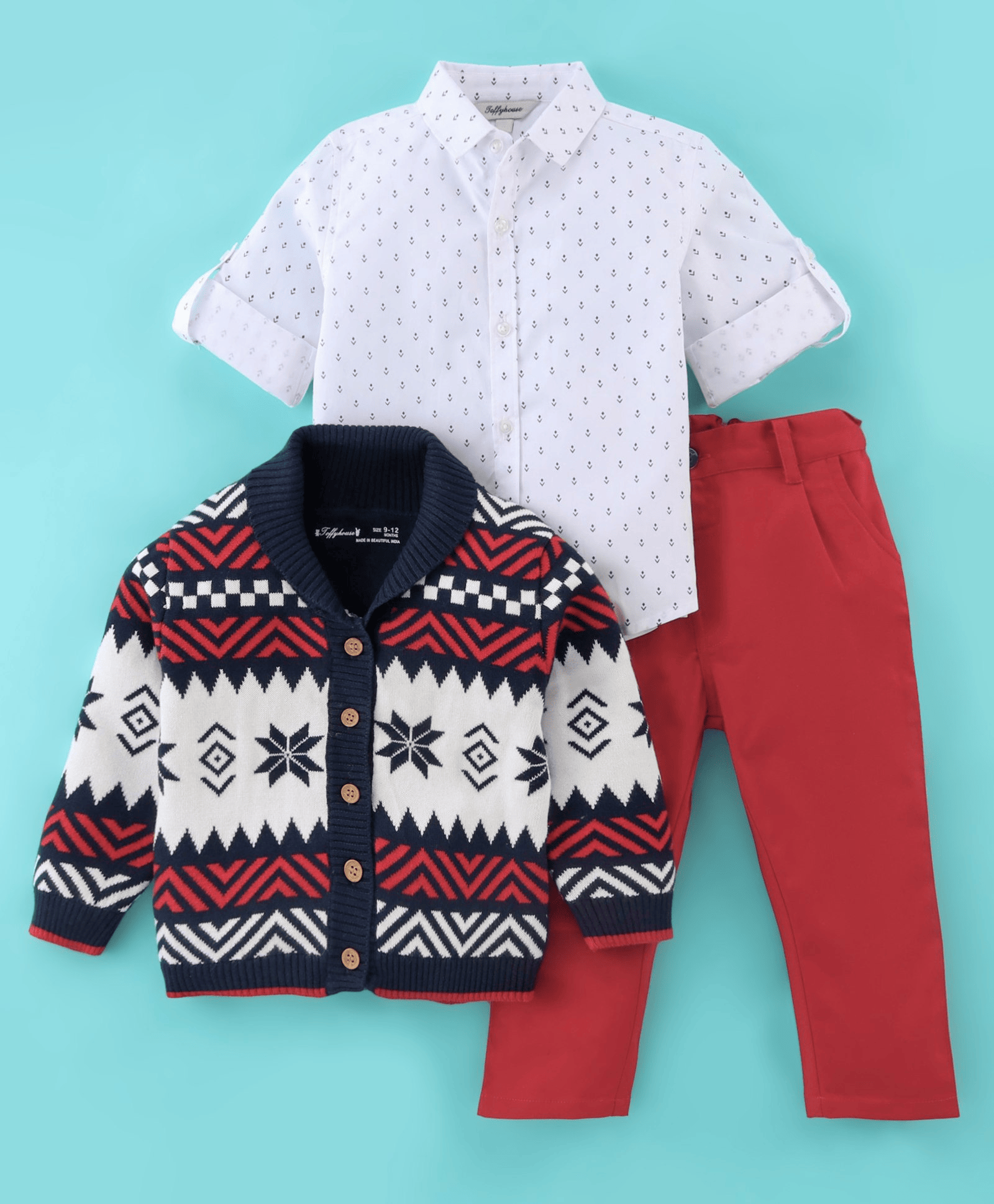ToffyHouse Cotton Full Sleeves Shirt & Trouser Set with Cardigan Intarsia Design - Red & White - Thumbnail