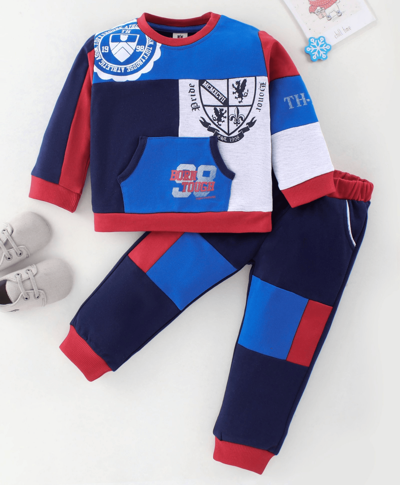 ToffyHouse Full Sleeves T-Shirt & Lounge Pant Co-rd Set With Text Print - Navy Blue & White - Thumbnail