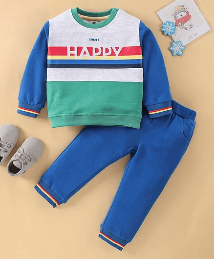 ToffyHouse Full Sleeves T-Shirt & Lounge Pant Text Print - Blue - Thumbnail