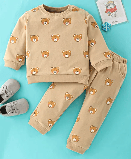 ToffyHouse Full Sleeves T-Shirt & Lounge Pant Co-rd Set With Teddy Print - Brown - Thumbnail