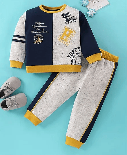 ToffyHouse 100% Cotton Fleece Full Sleeves Co-rd Set Text Print - Multicolor - Thumbnail