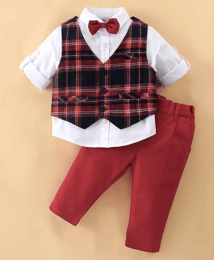 ToffyHouse Full Sleeves Checkered Party Suit with Bow Tie - Red - Thumbnail