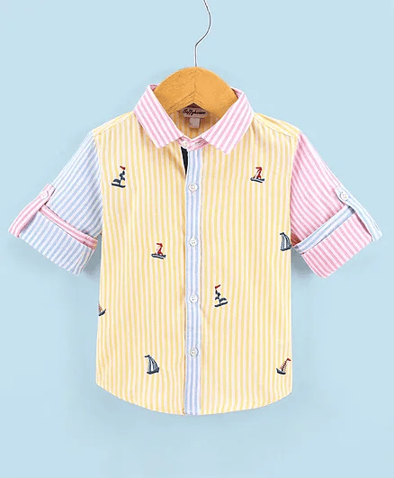 ToffyHouse Cotton Full Sleeves Striped Shirt - Yellow - Thumbnail