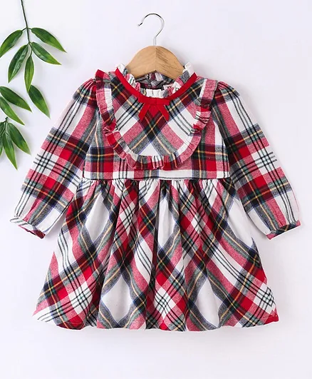 ToffyHouse 100% Cotton Woven Full Sleeves Checked Frock - Thumbnail