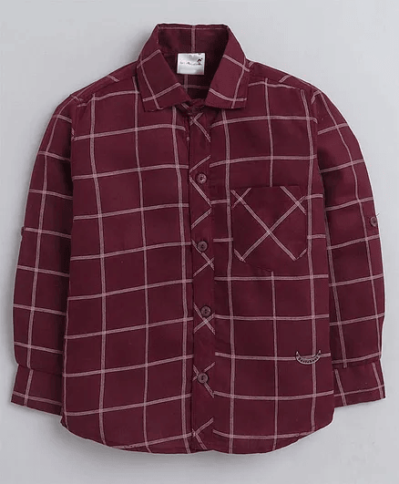 BAATCHEET Pure Cotton Full Sleeves Window Pane Plaid Checked Shirt - Maroon - Thumbnail