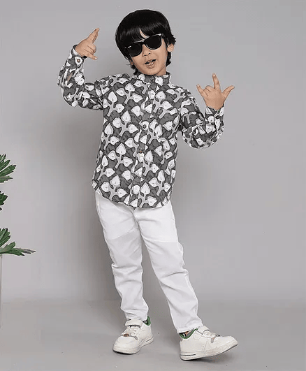 BAATCHEET Cotton Full Sleeves Leaf Printed Shirt With Pant - Grey - Thumbnail