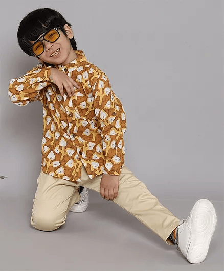 BAATCHEET Full Sleeves Abstract Leaf Printed Shirt With Pant - Mustard Yellow - Thumbnail