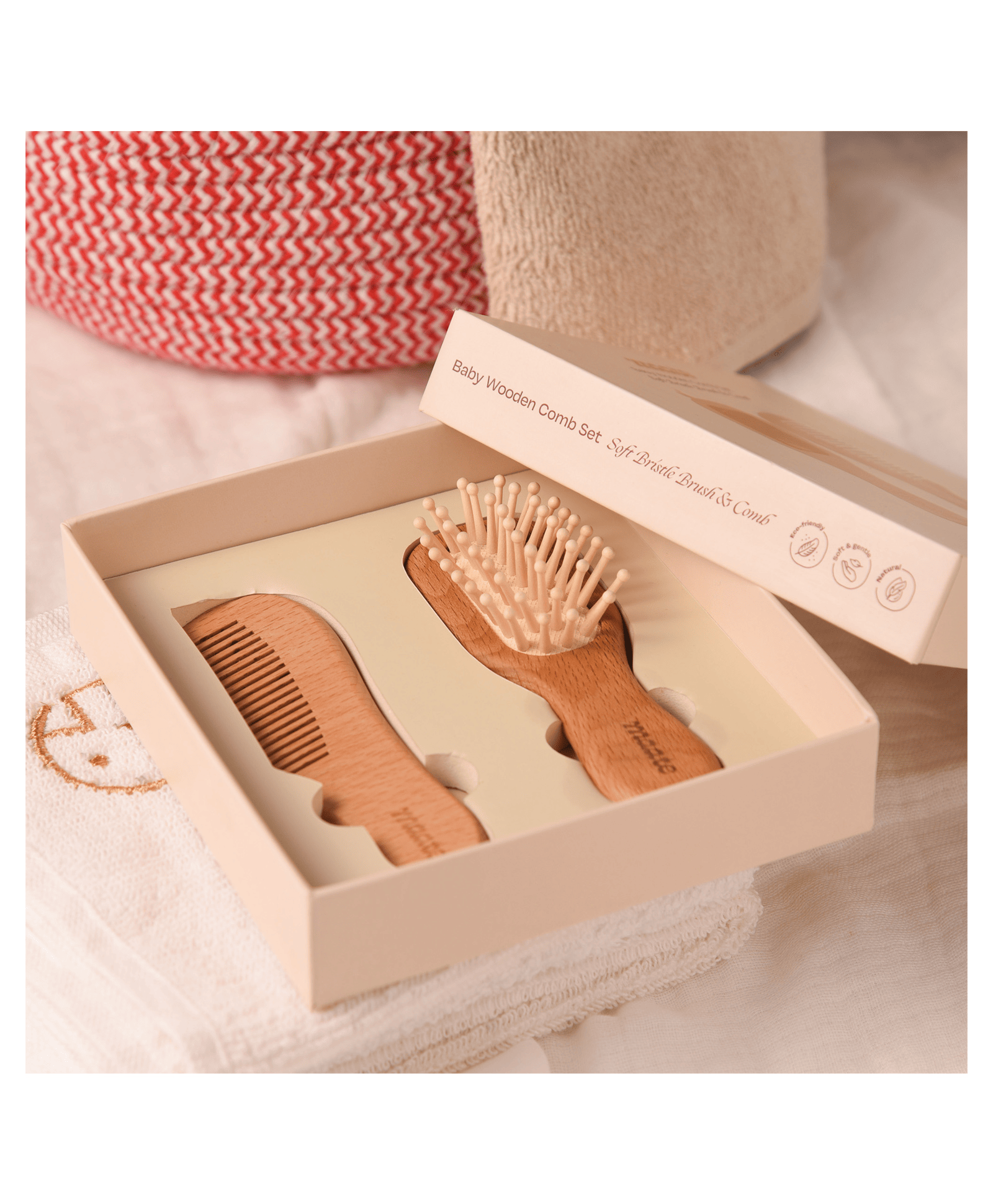 Maate Baby Wooden Beechwood Comb & Hair Brush Set - Brown - Thumbnail