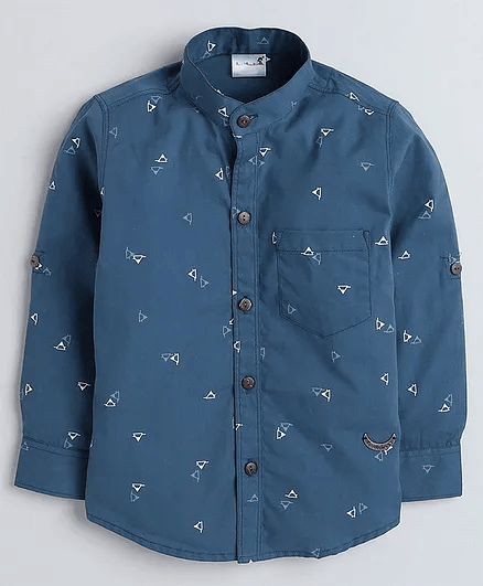 BAATCHEET Full Sleeves Geometric Theme Triangle Printed Shirt - Blue - Thumbnail