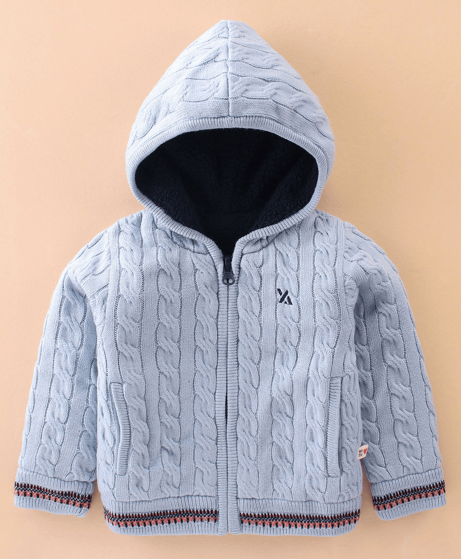 Yellow Apple Acrylic Full Sleeves Hoodies With Cable Knit Design - Blue - Thumbnail