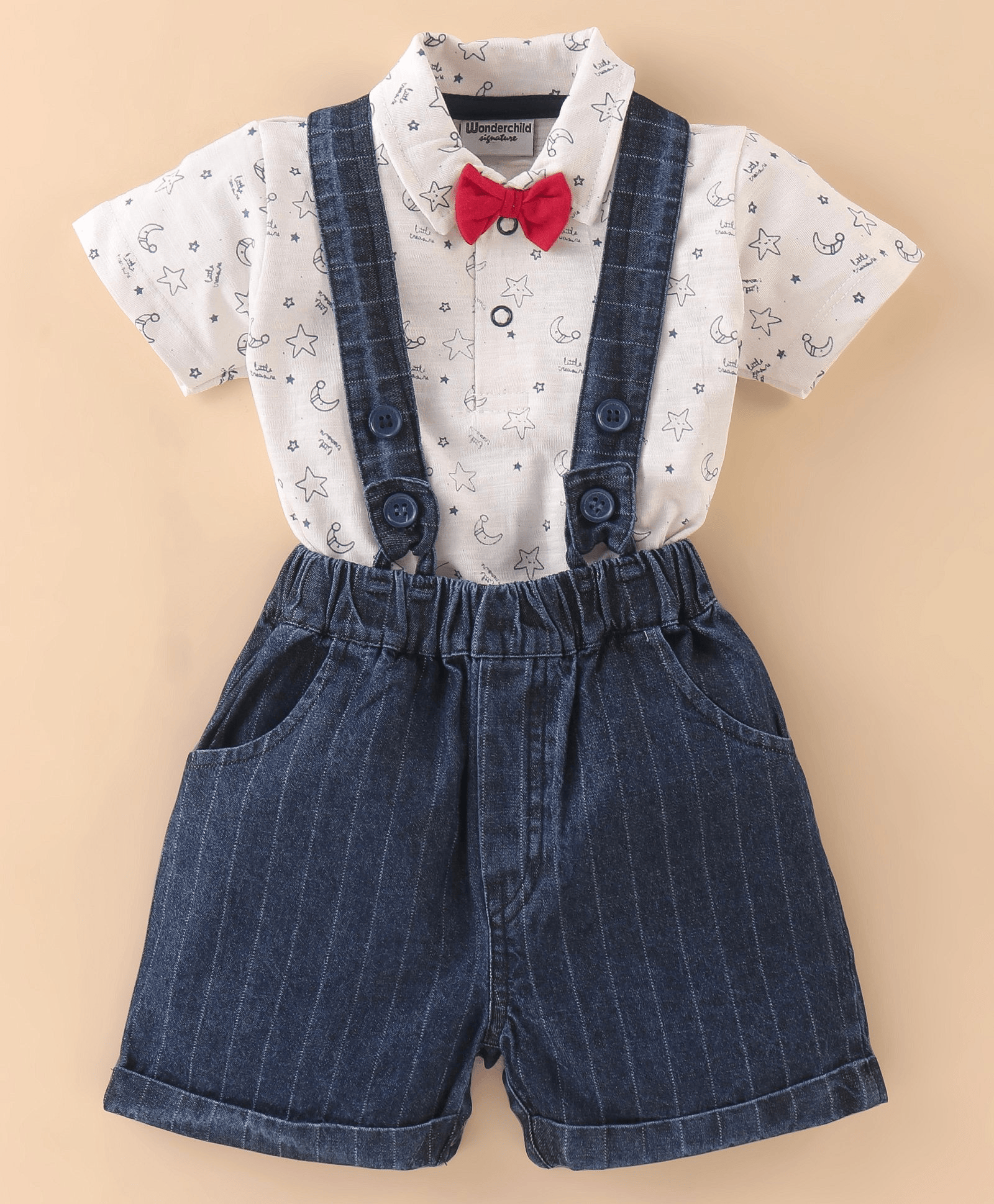 Wonderchild Half Sleeves Star & Mon Printed Tee With Striped Dungaree - Blue - Thumbnail