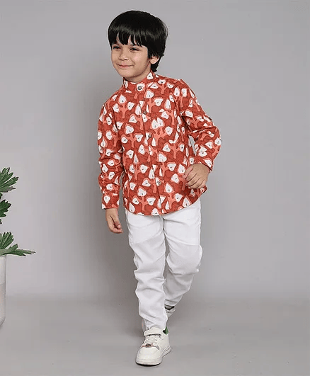 BAATCHEET Cotton Full Sleeves Leaf Printed Shirt With Pant - Red - Thumbnail
