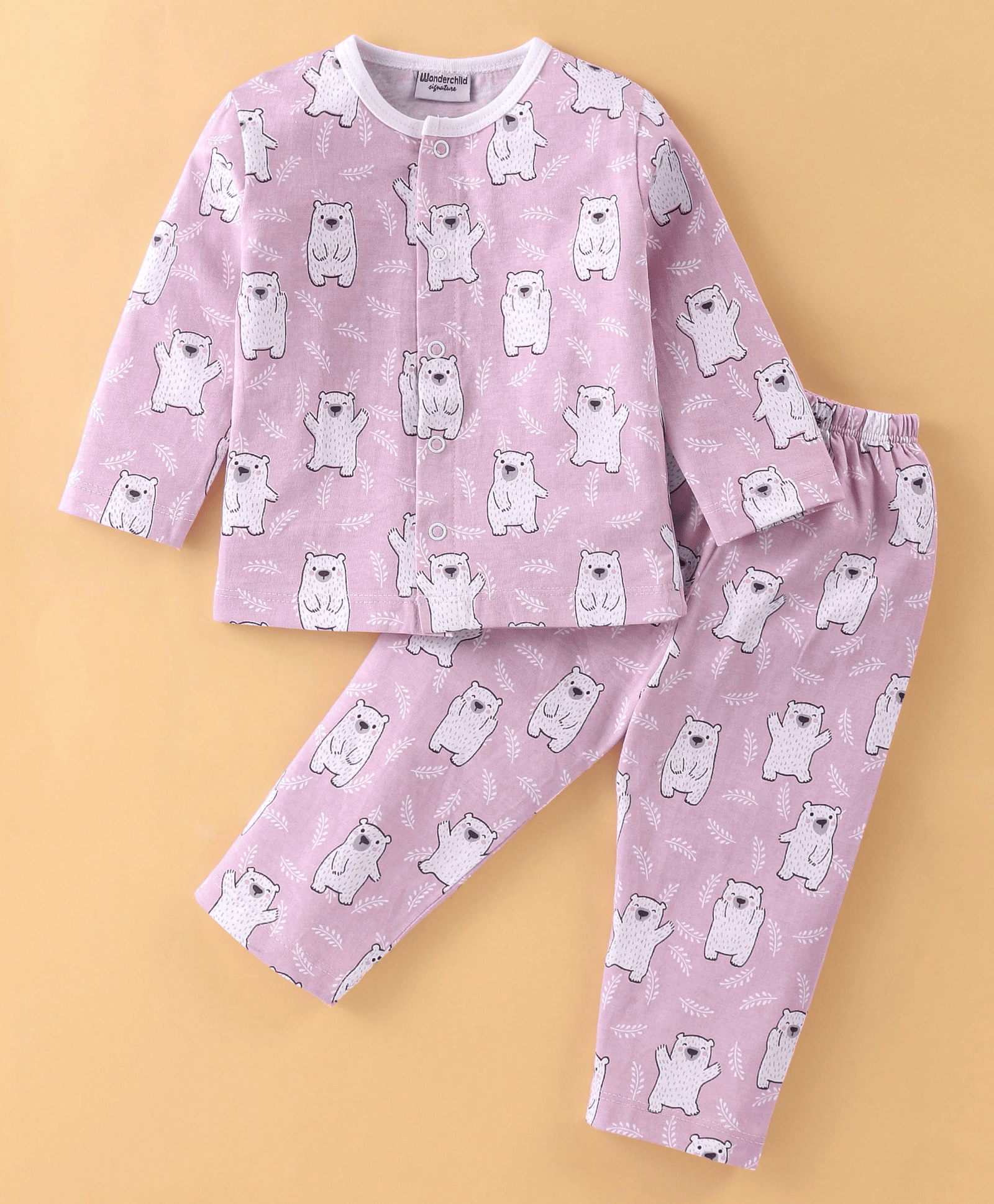Wonderchild Full Sleeves Bears & Leaf Printed Tee With Pajama - Pink - Thumbnail