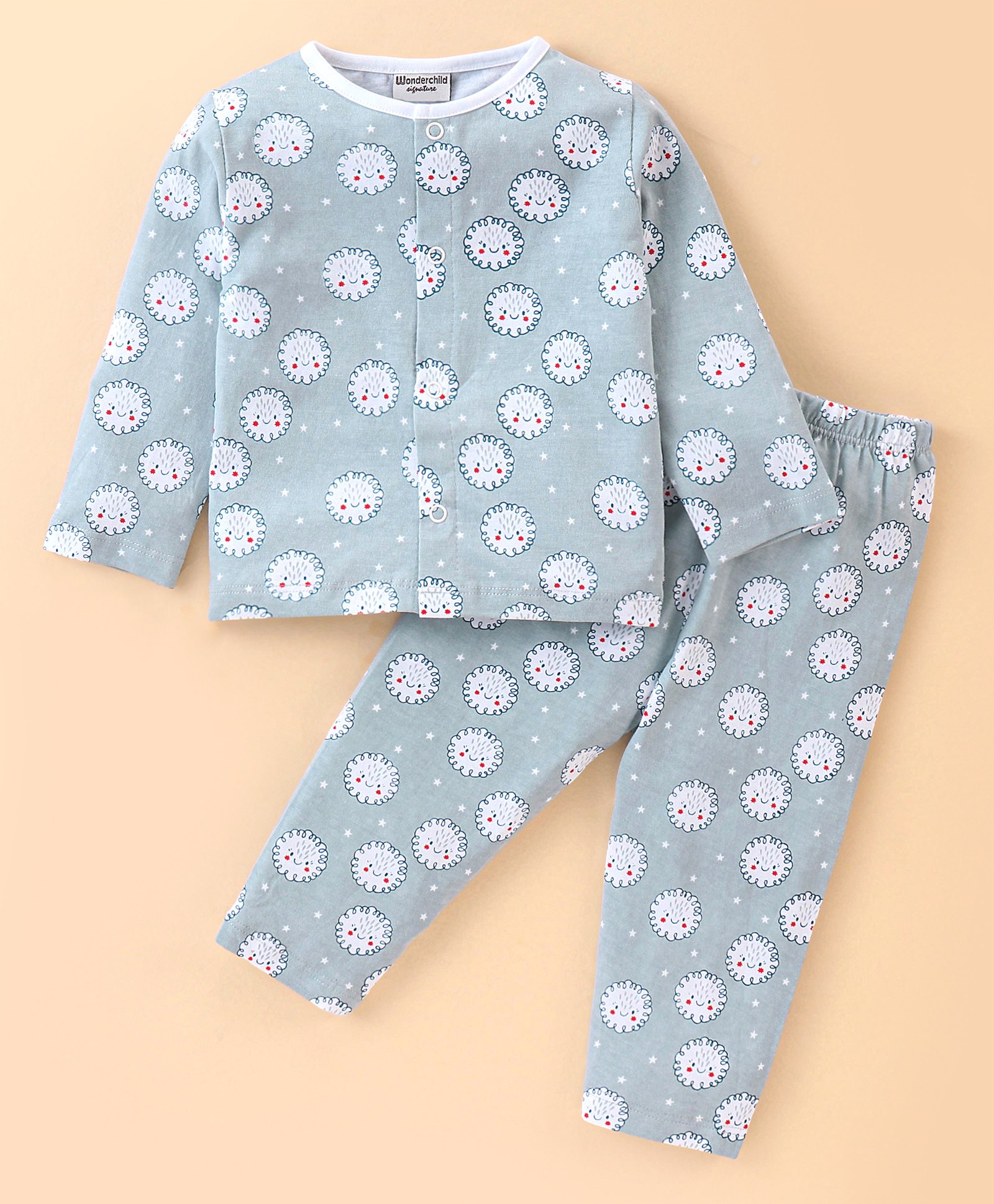 Wonderchild Full Sleeves Clouds Printed Night Suit - Blue - Thumbnail