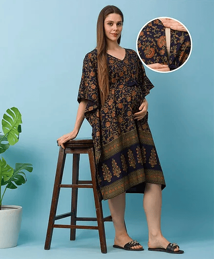 Bella Mama Cotton Floral Print Kaftan - Navy Blue - Thumbnail