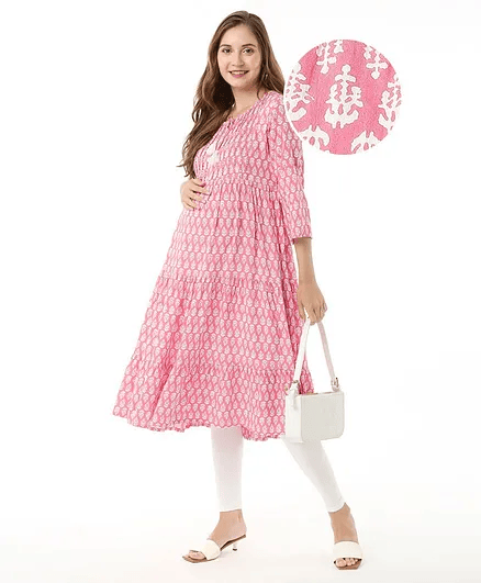 Bella Mama Woven Three Fourth Sleeves Maternity Dress with Pocket Floral Print - Pink - Thumbnail