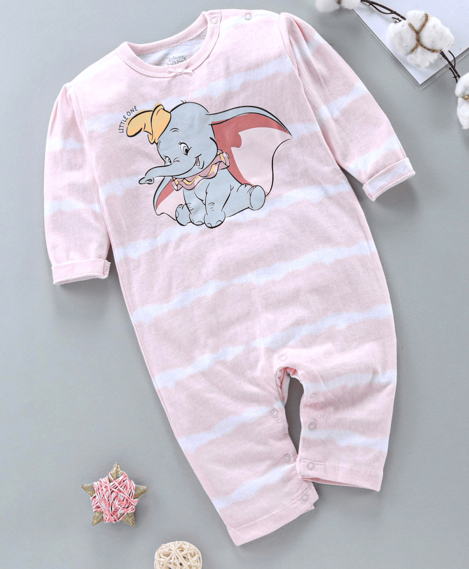 Fox Baby Full Sleeves Stripe Romper Jumbo Elephant Print - Pink White - Thumbnail