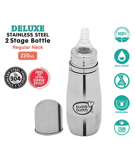 Buddsbuddy Deluxe Stainless Steel Regular Neck BPA Free Baby Feeding Bottle - 220 ml - Thumbnail