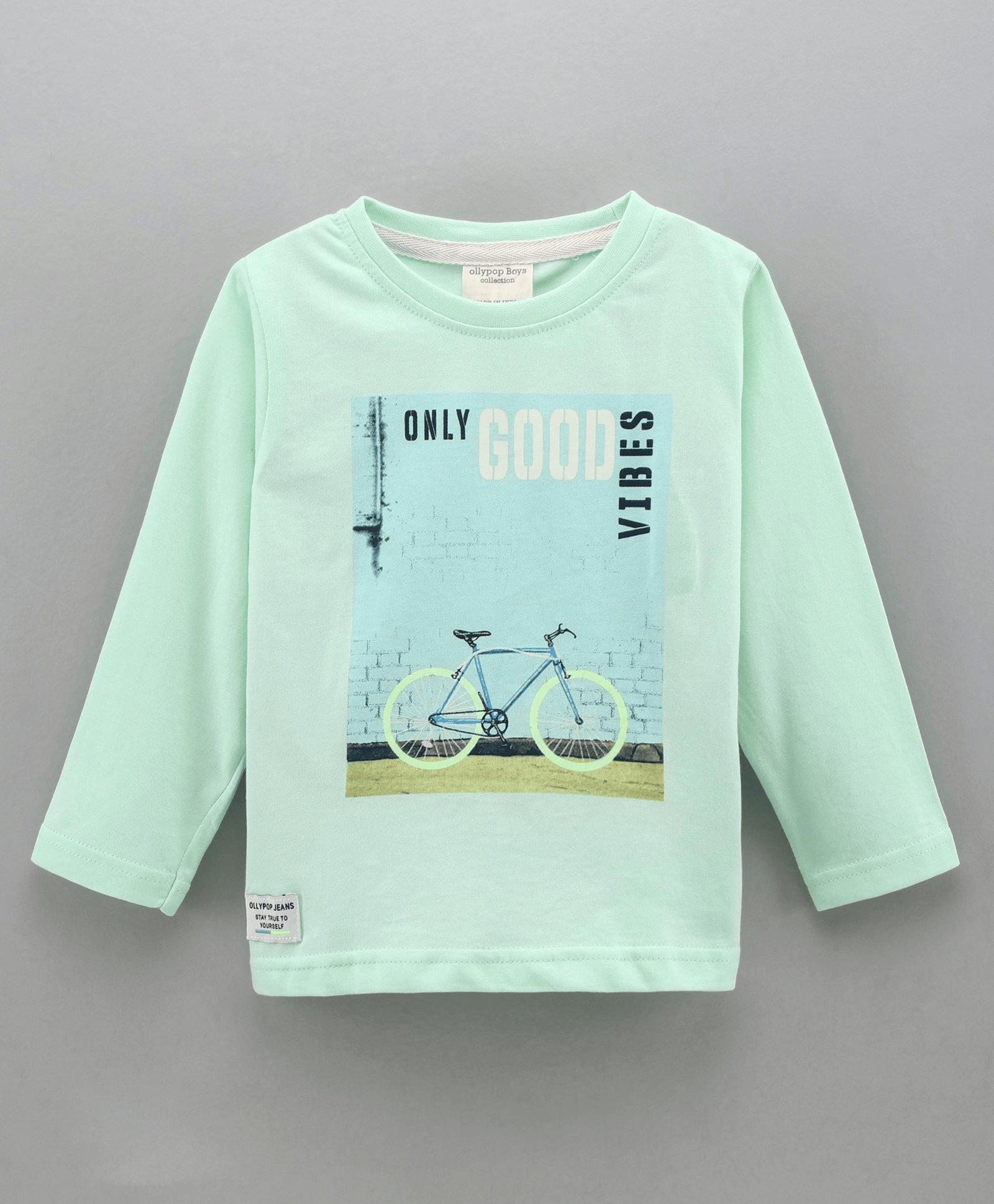 Ollypop Full Sleeves Cotton Text Printed T-Shirt - Green - Thumbnail