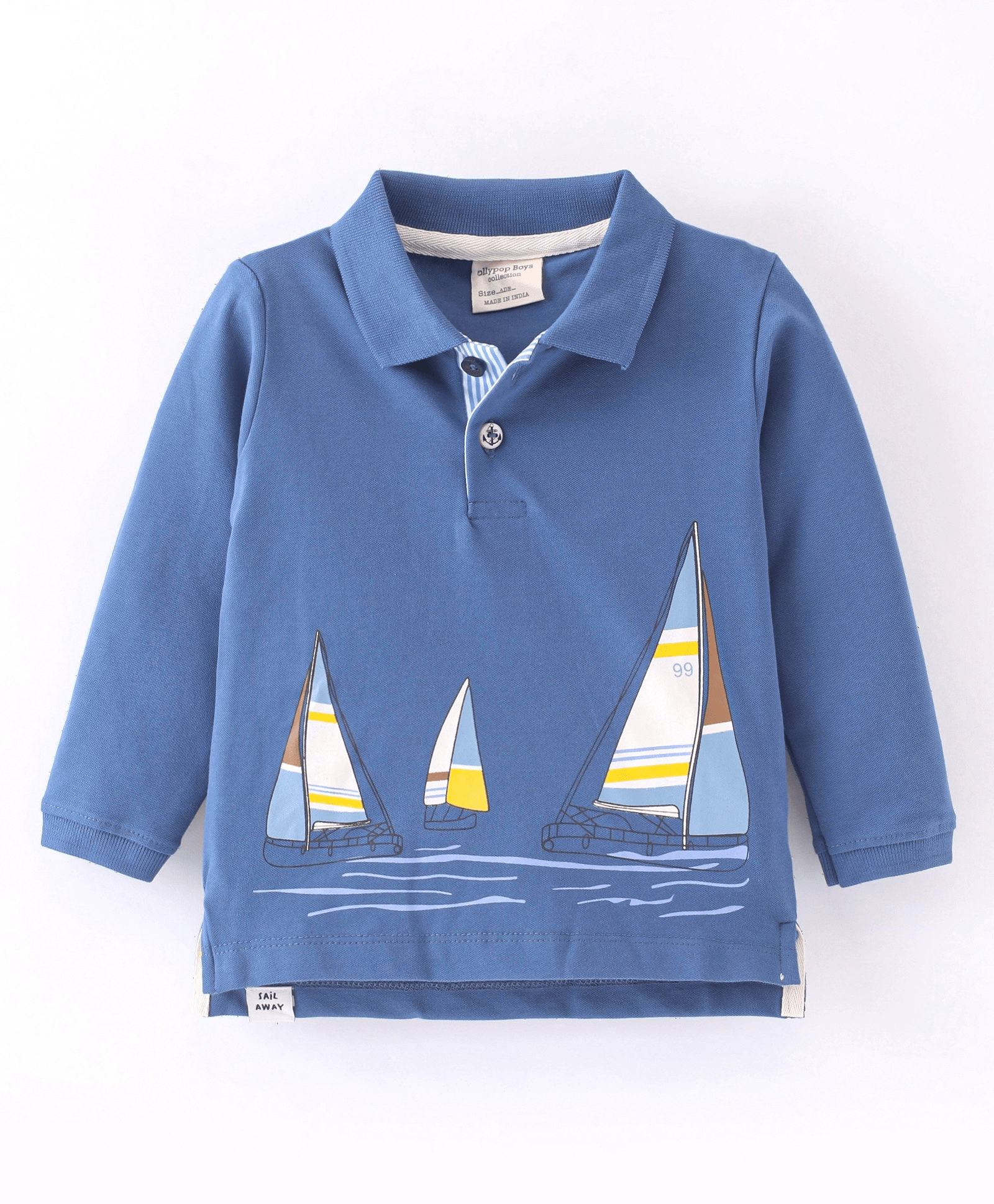 Ollypop Sinker Knit Full Sleeves T-Shirt Boat Print - Crown Blue - Thumbnail