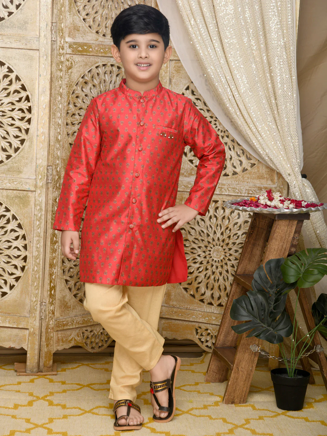 Saka Designs Maroon Poly Chanderi Achkan With Golden Cotton Pyjamas For Boys - Thumbnail