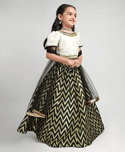 Saka Designs Half Sleeves Choli With Sequins Detailing & Full Length Flared Lehenga with Net Dupatta - Ivory & Black - Thumbnail