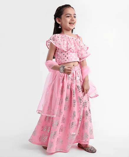 Saka Designs Singlet Sleeves Frill Detailing Choli Foil Print Lehenga with Dupatta - Baby Pink - Thumbnail