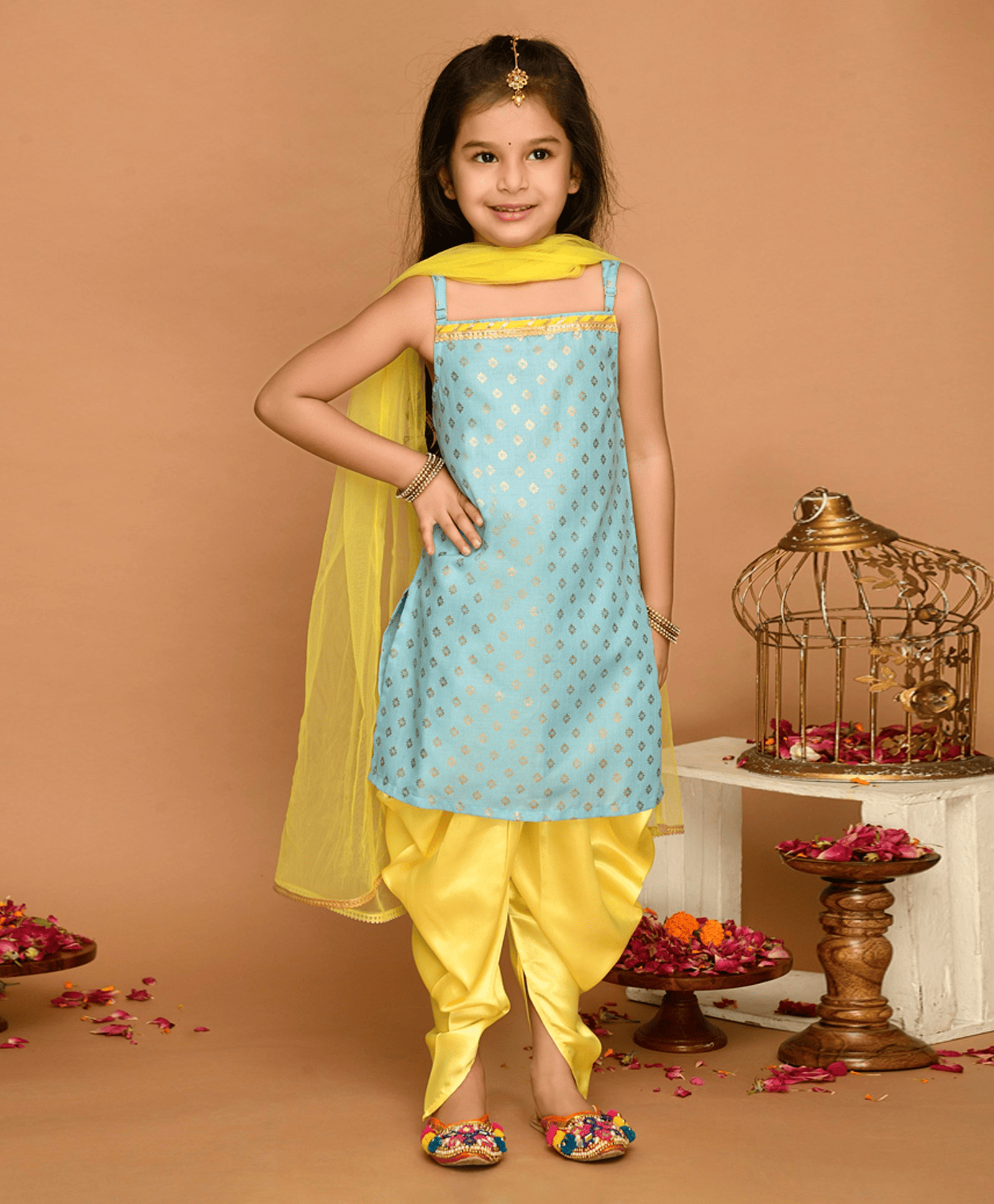 Saka Designs Singlet Sleeves Printed Kurta & Salwar Set With Dupatta - Blue Yellow - Thumbnail