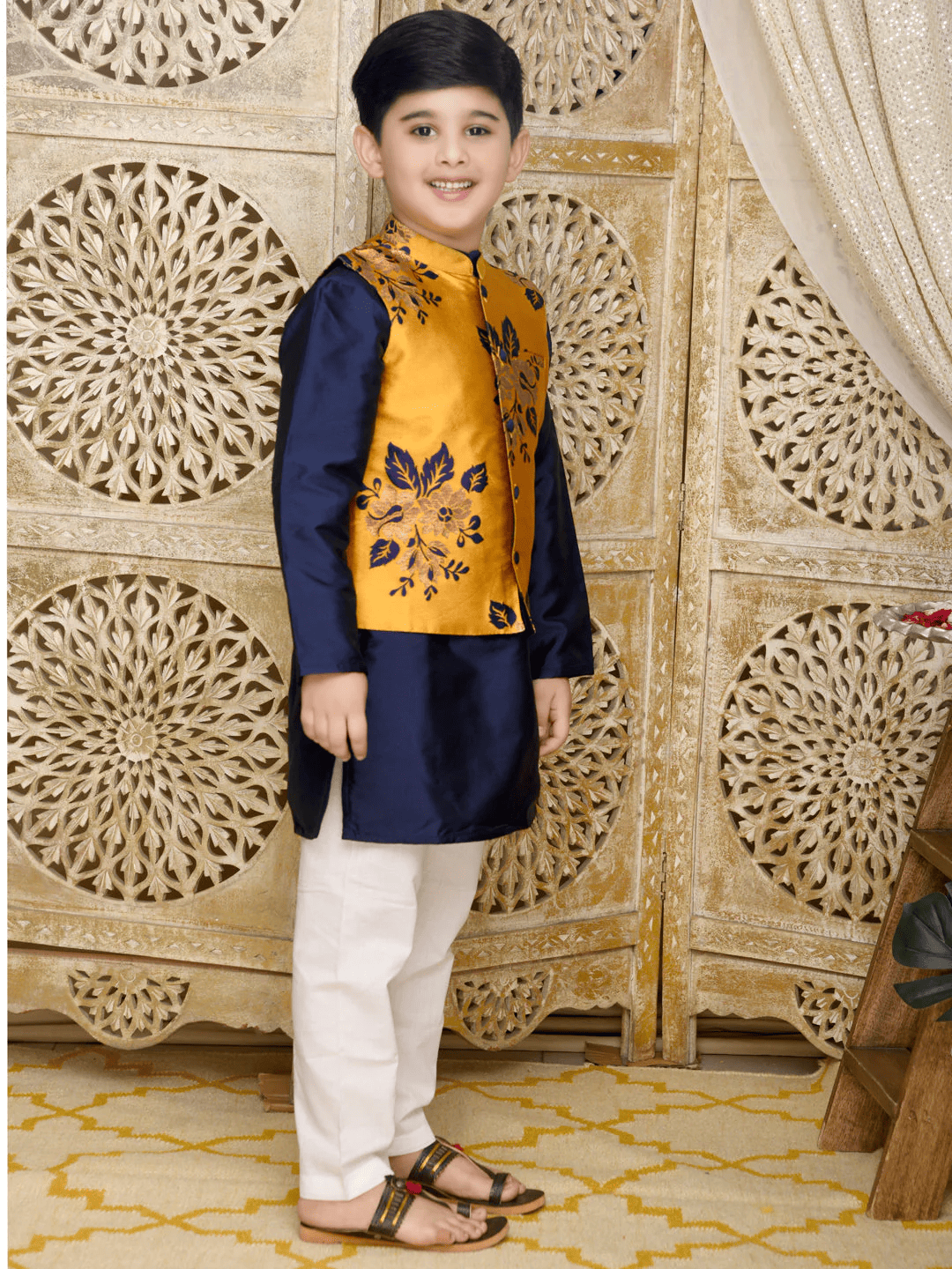 Saka Designs Mustard Jacket Set Foil Print For Boys With Off White Kurta & Payjama - Thumbnail