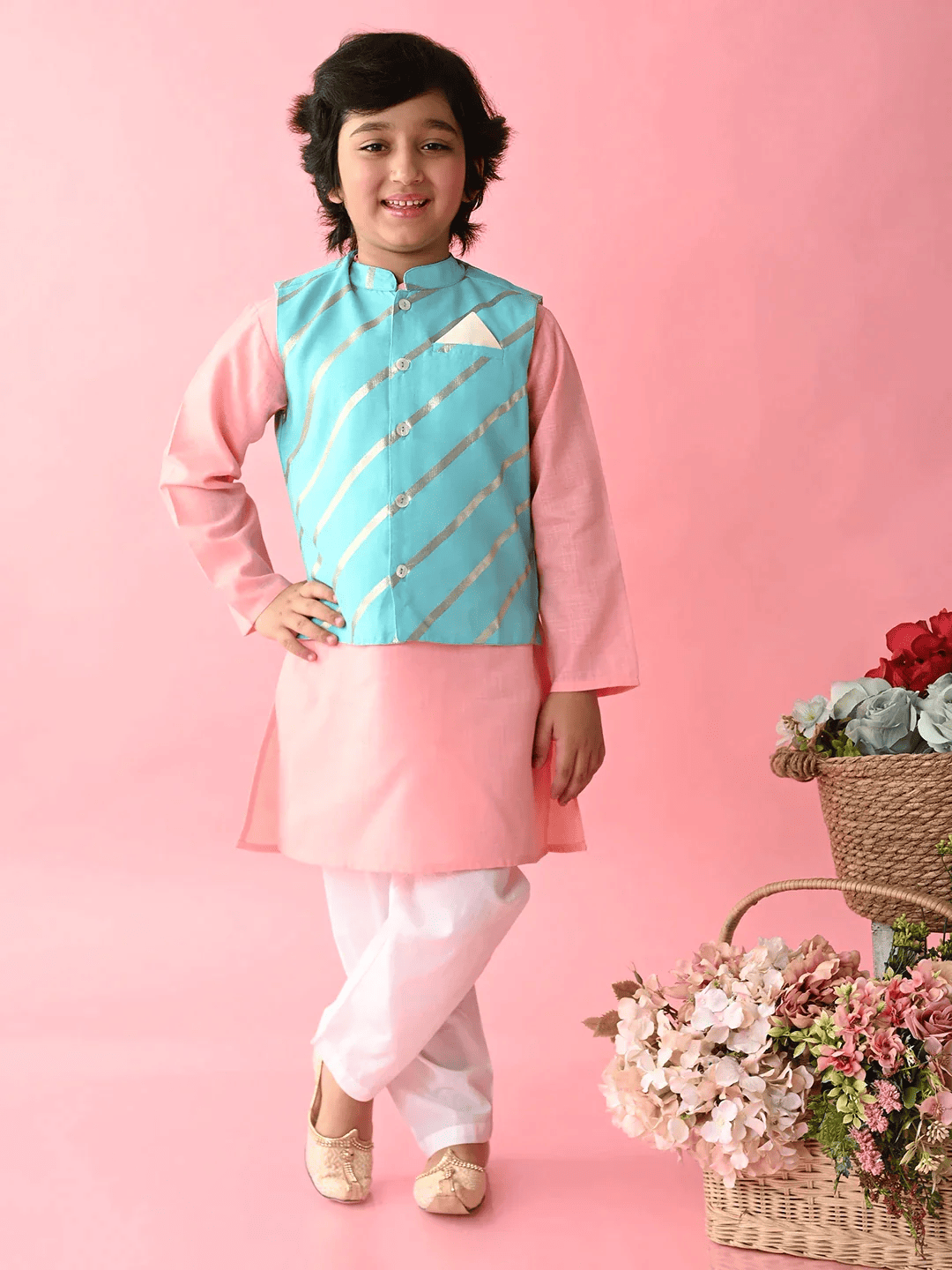 Saka Designs Boys Pink Kurta With Printed Jacket & Payjama - Thumbnail