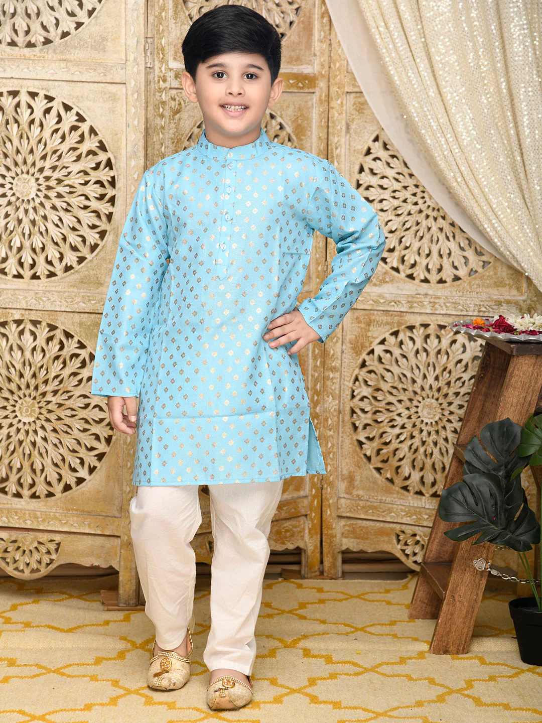 Saka Designs Blue & Gold Printed Festive Kurta With Off White Paijami For Boys - Thumbnail