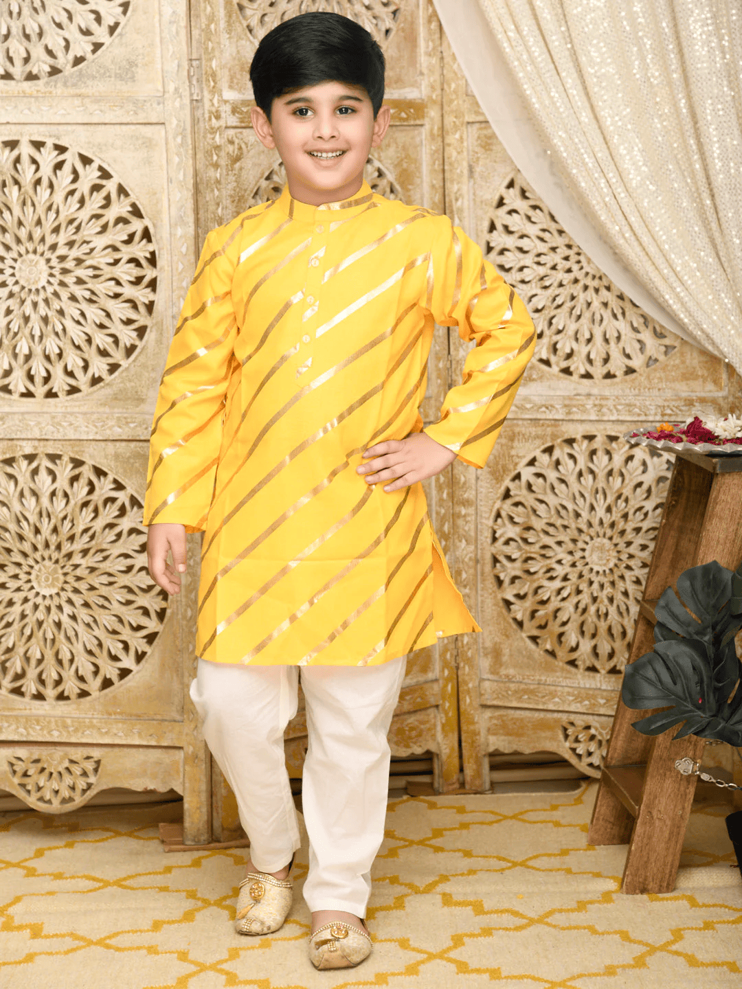 Saka Designs Yellow & Gold Printed Festive Kurta With Off White Paijami For Boys - Thumbnail