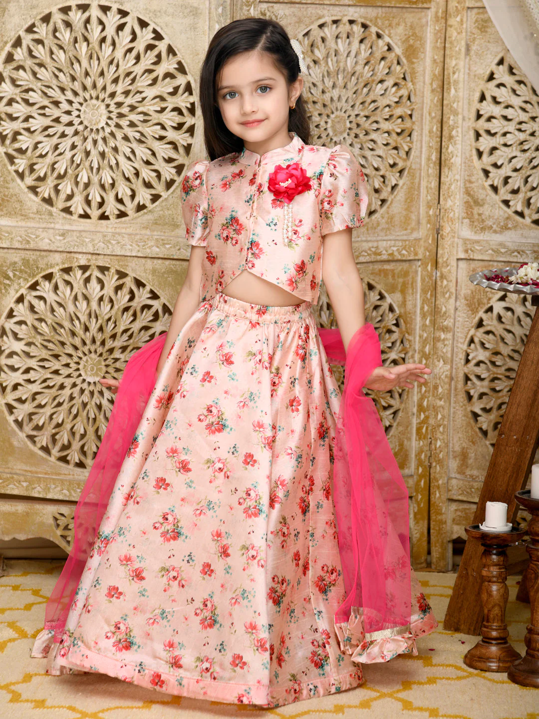 Saka Designs Girl Pink Floral Print Lehenga Choli With Dupatta - Thumbnail