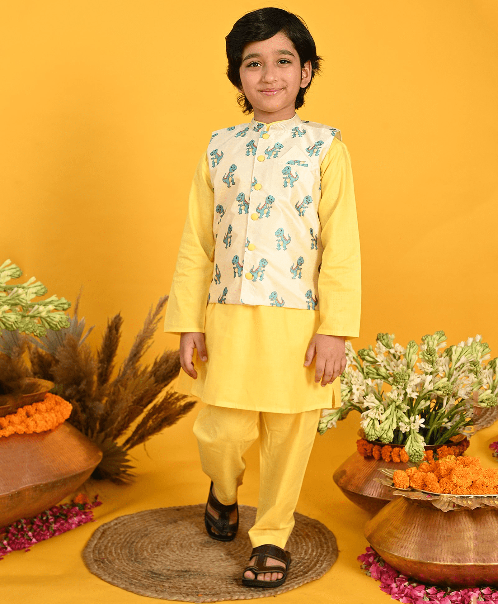 Saka Designs By Sapna Full Sleeves Solid & Pyjama With Dinosaurs Printed Jacket - Yellow & Off White - Thumbnail