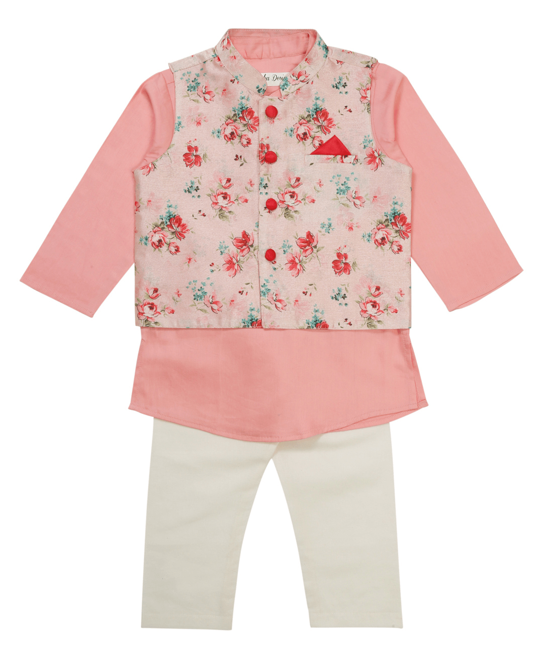 Saka Designs By Sapna Full Sleeves Cotton Solid Colour Kurta & Pyjama with Floral Print Jacket - Pink & White - Thumbnail