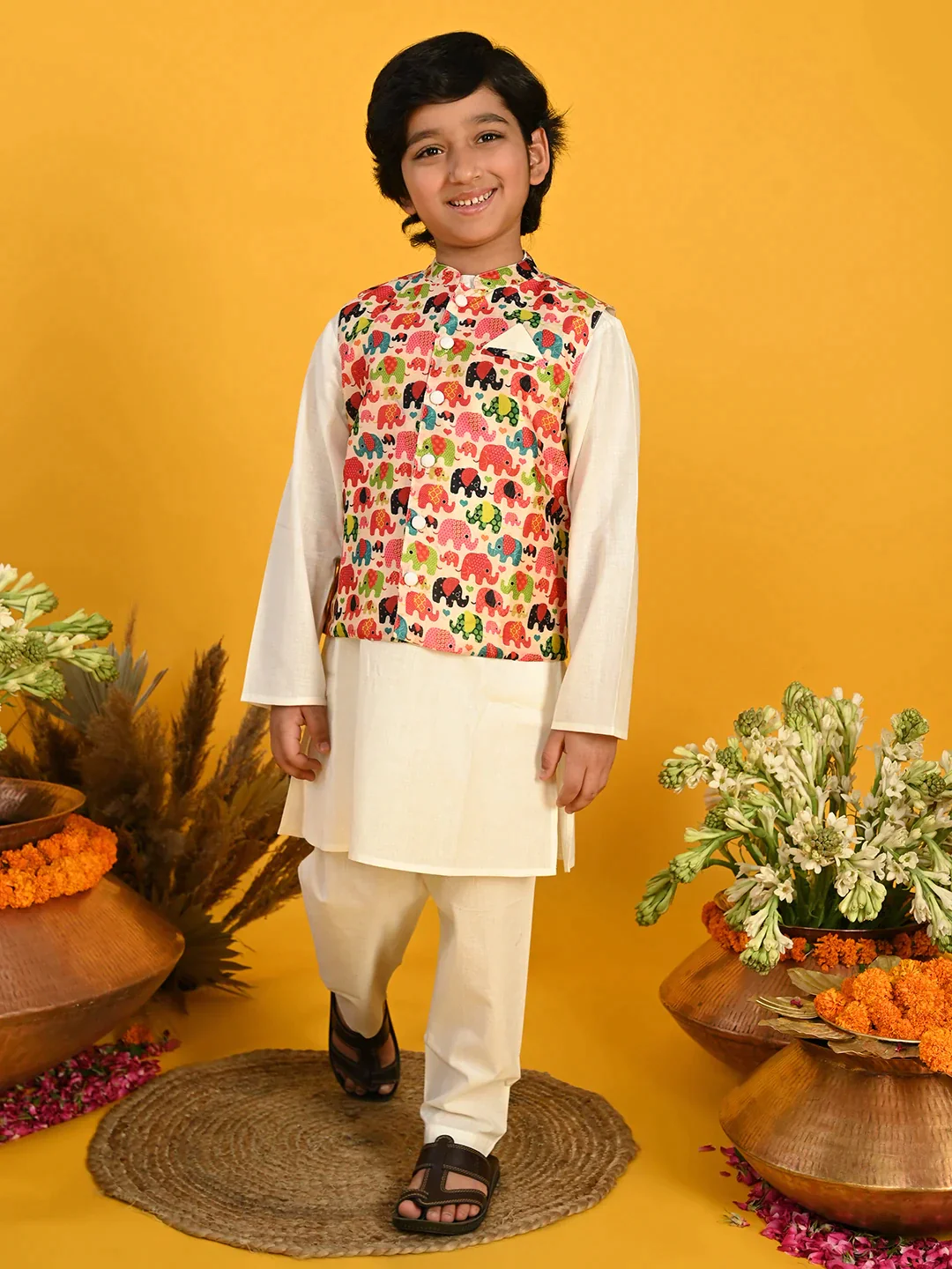 Saka Designs Boys Cream Kurta With Printed Jacket & Payjama - Thumbnail