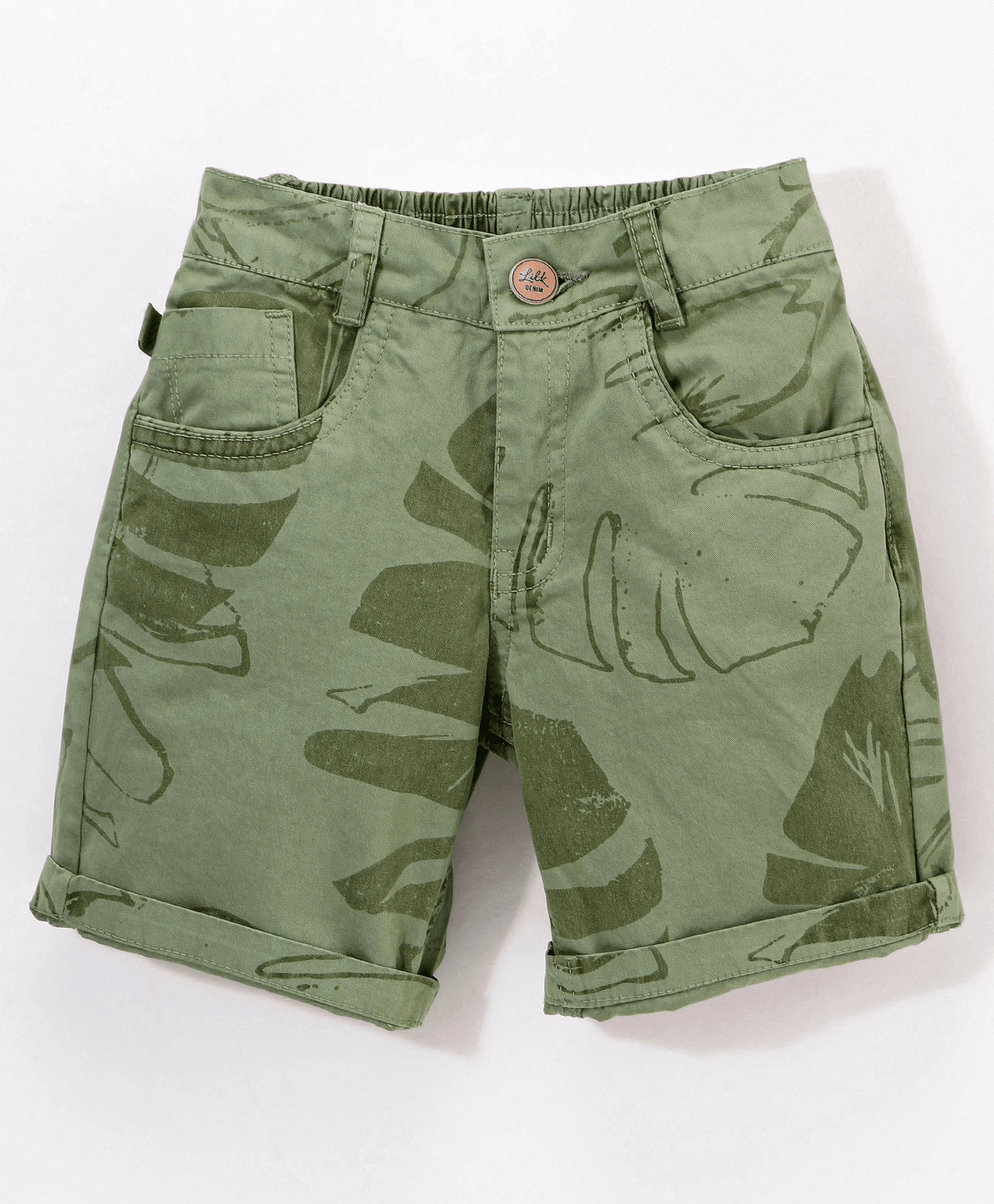 Little Kangaroos Above Knee Length Shorts Leaf Print - Olive Green - Thumbnail