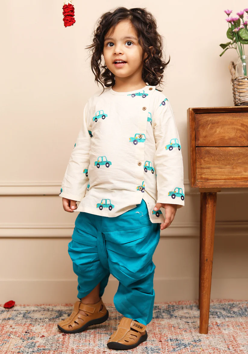 Polka Tots Full Sleeve Car Embroidery Angrakha Top With Dhoti - cream - Thumbnail