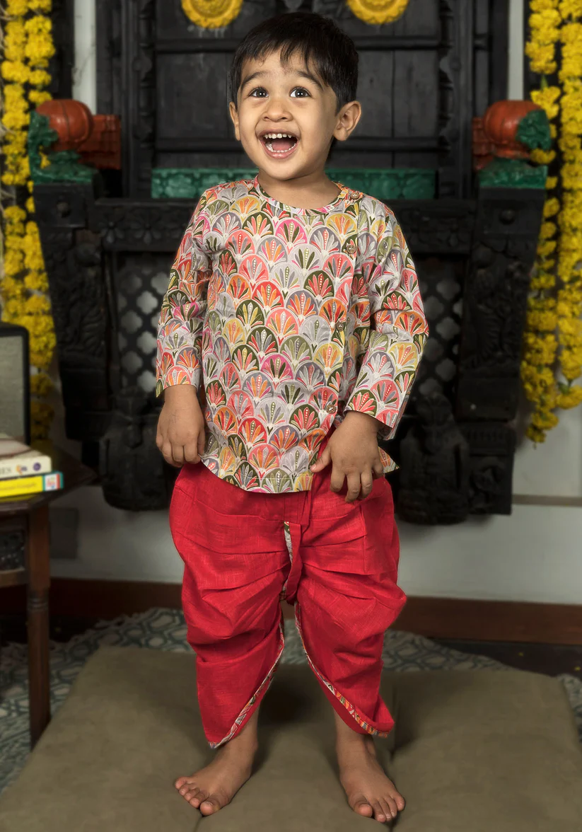 Polka Tots Full Sleeve Floral Print Angrakha Top With Dhoti - Red - Thumbnail