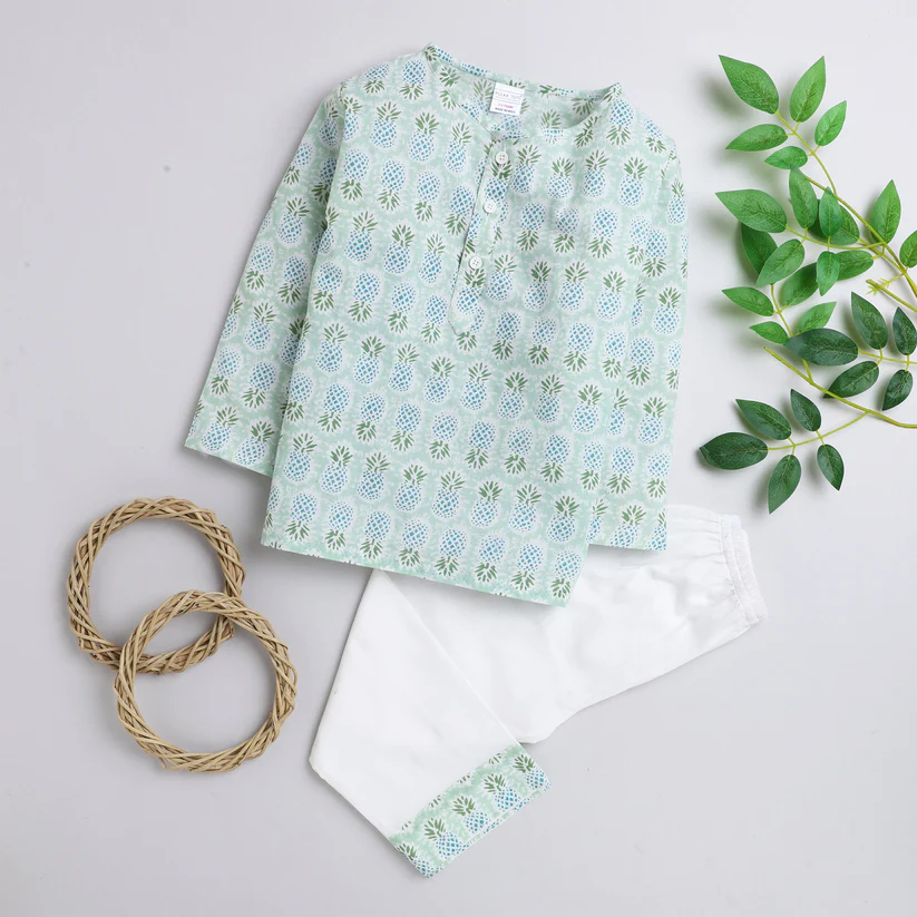 Polka Tots Kurta Pajama for Kids 100% Super Soft Cotton Night Suits for Boys & Girls - green - Thumbnail