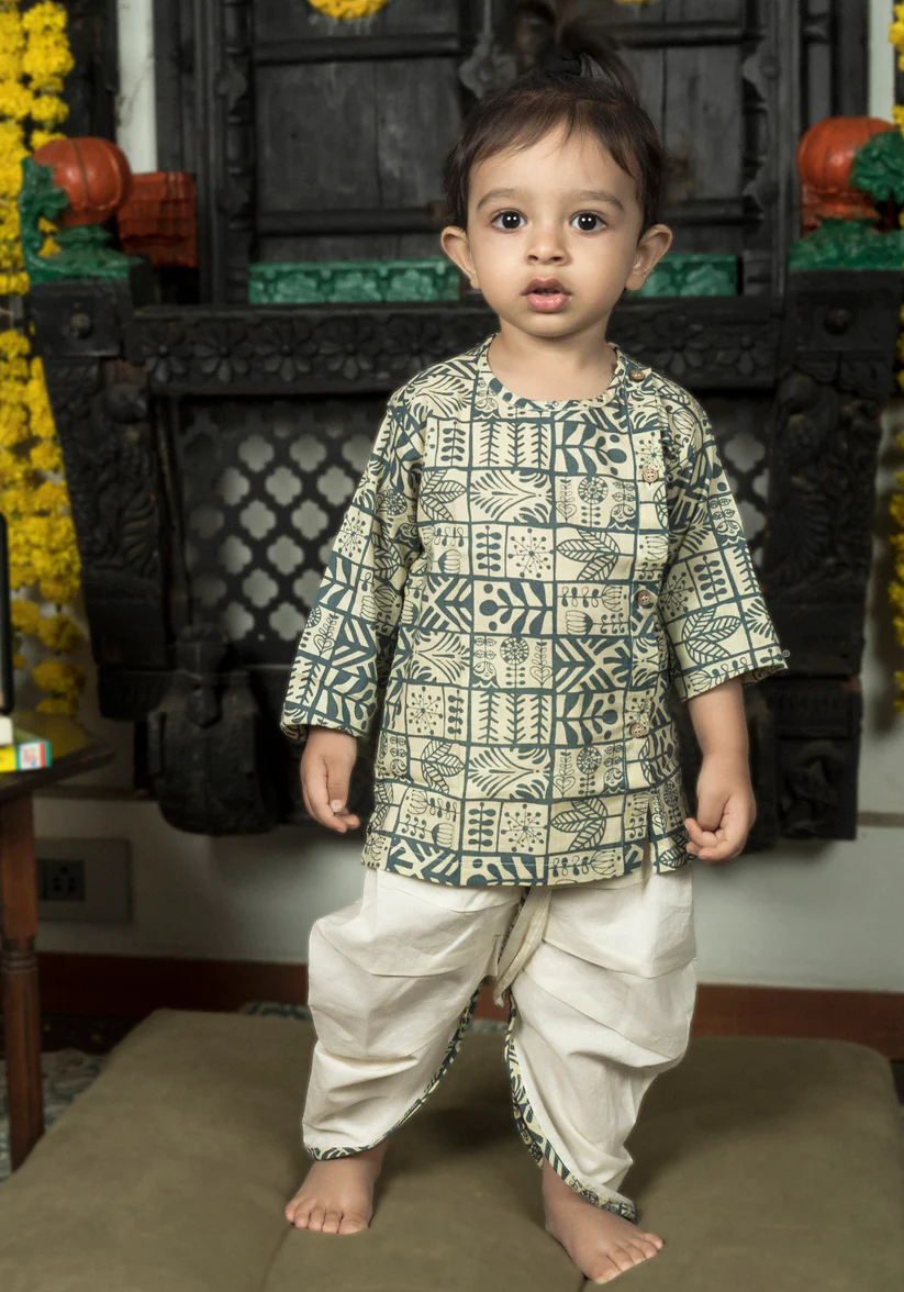 Polka Tots 100% Super Soft Cotton Full Sleeve Geometric Print Angrakha Top With Dhoti - Cream & Grey - Thumbnail