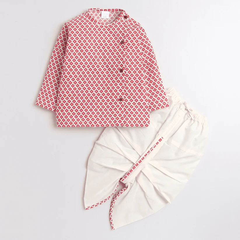 Polka Tots Full Sleeve Small Square Print With Piping Dhoti - Cream - Thumbnail