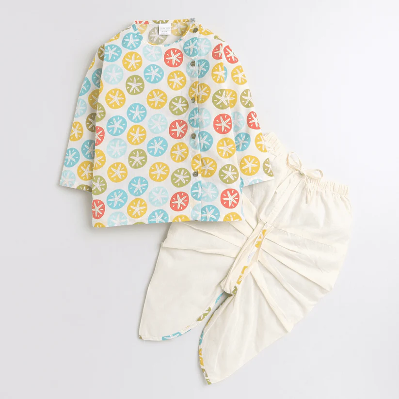Polka Tots Full Sleeve Multi Color Star Print Angrakha Kurta With Piping Dhoti - Cream - Thumbnail