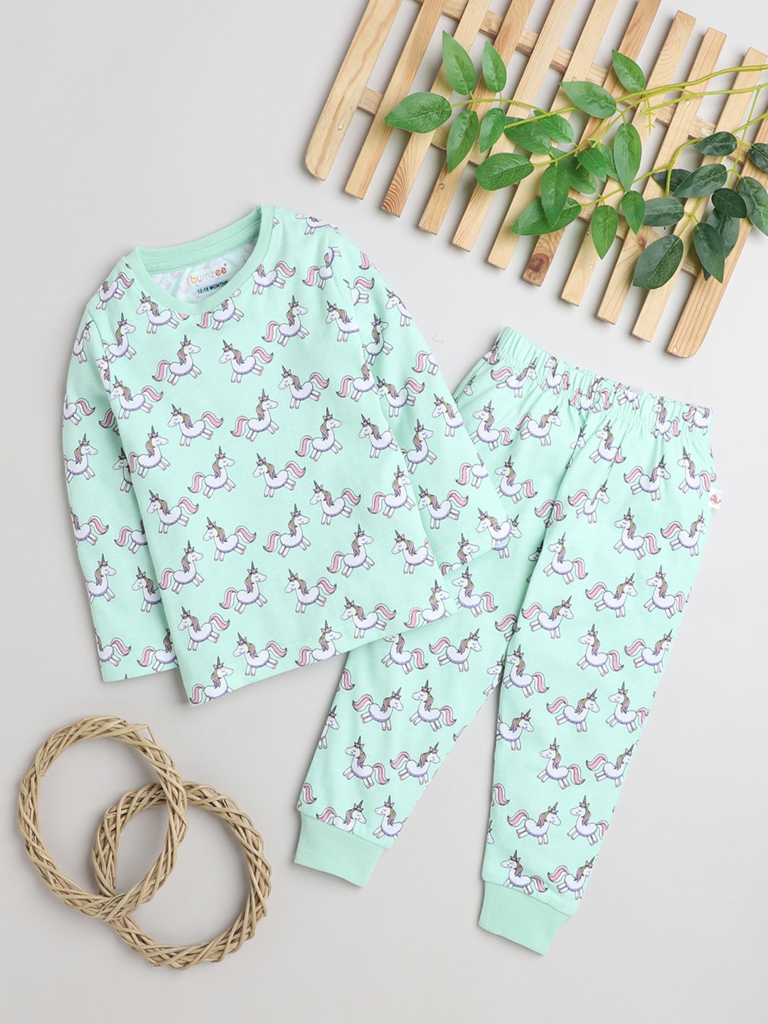 BUMZEE Mint Green Girls Full Sleeves T-Shirt & Pyjama Set - Thumbnail