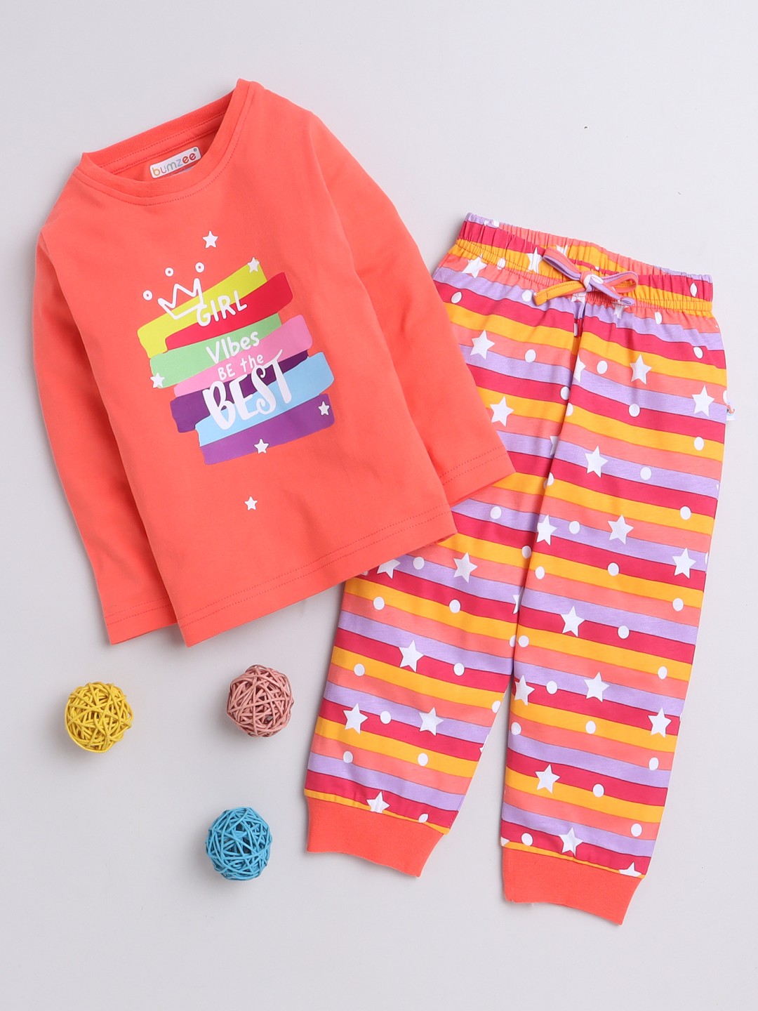BUMZEE Coral Girls Full Sleeves T-Shirt & Pyjama Set - Thumbnail